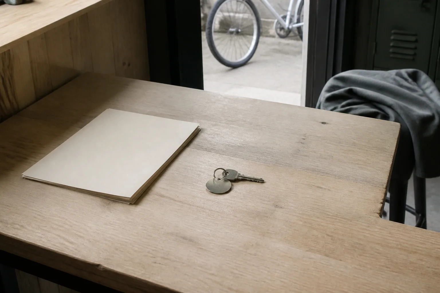 Rental desk counter with stacked briefing notes, a bicycle key on a numbered tag, rain jacket draped over a stool, and a city bike wheel visible through the open street door in cool daylight, 1920x1080