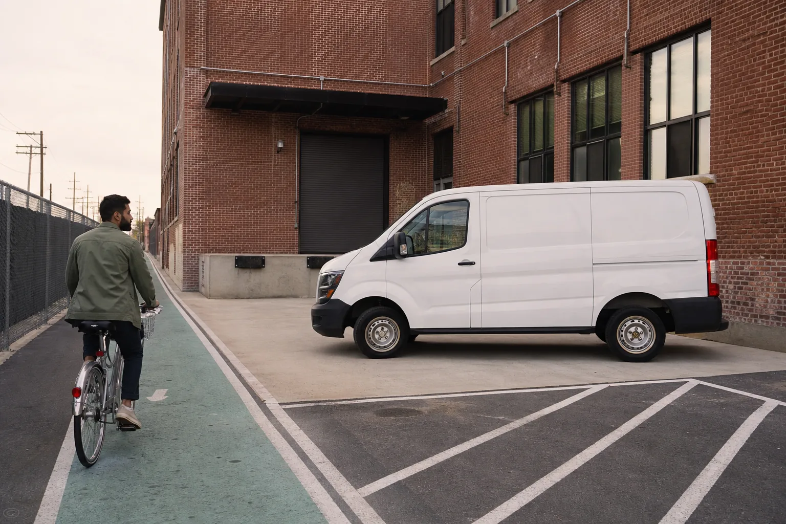 Painted bicycle lane fading into a loading bay, delivery van parked across the stripe, a rental rider slowing with one foot ready to touch down, brick warehouse wall and pale afternoon sky, 1600x1067