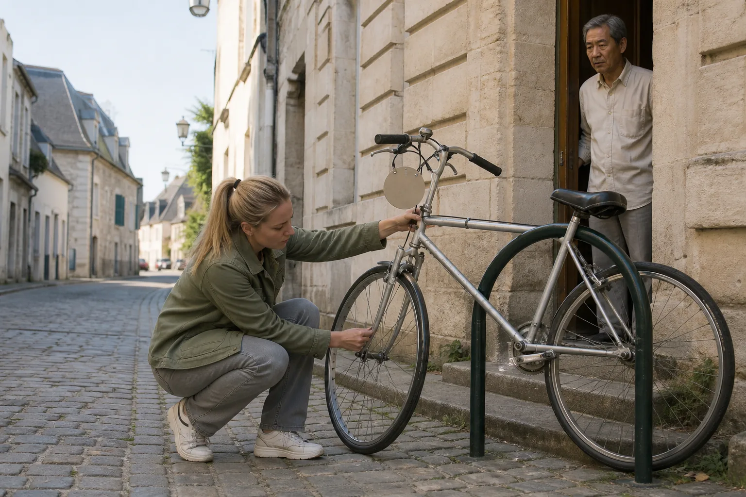 Visitor crouching beside a rental bicycle at a stand, testing tyre firmness and brake levers, numbered tag hanging from the handlebar, clerk watching from a doorway in morning light, 1600x1067