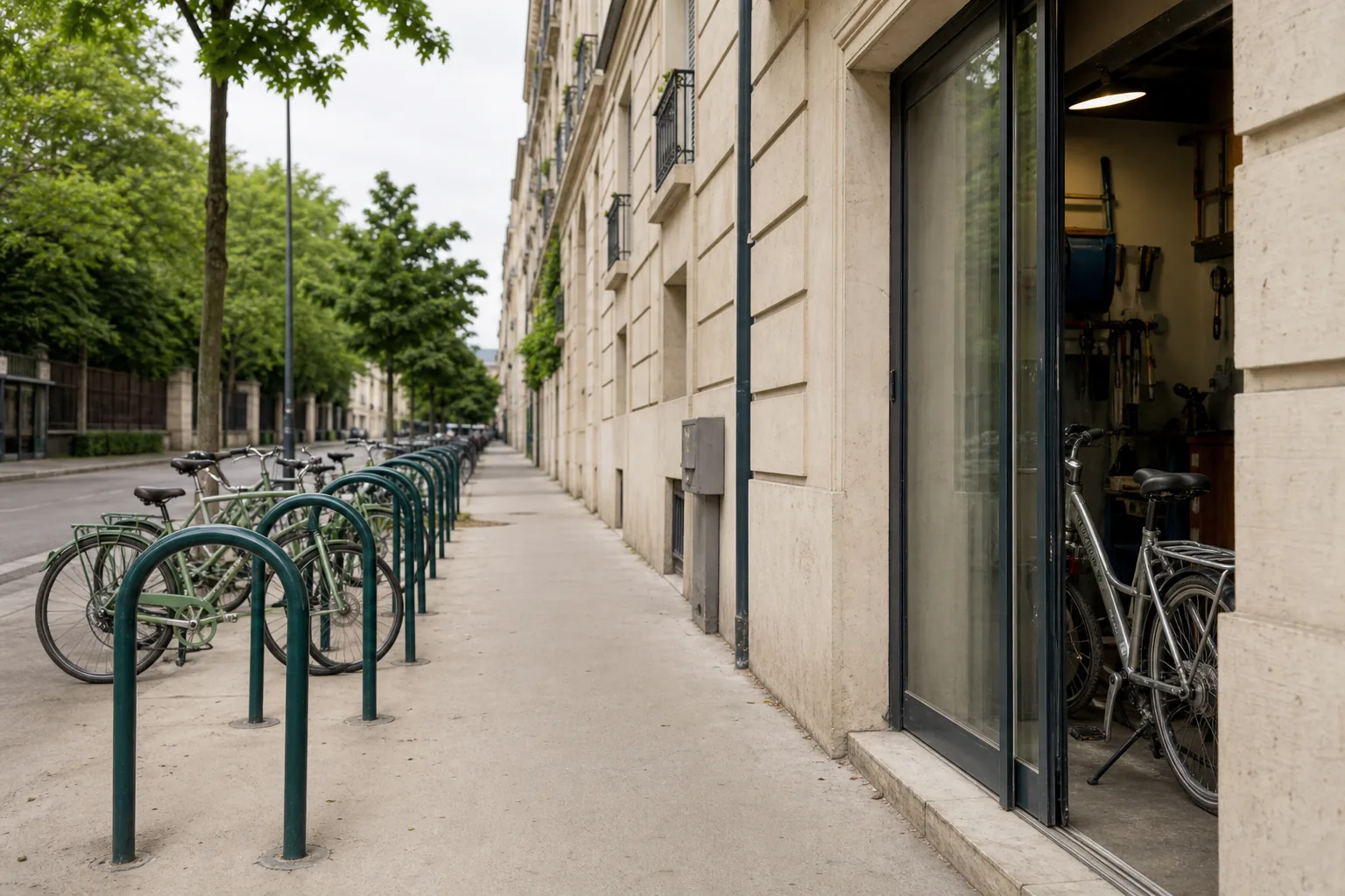 Split street scene with a timed city bicycle dock on the left and a day-counter shop doorway on the right, two different rental bikes waiting, soft overcast light on asphalt and glass, 1600x1067