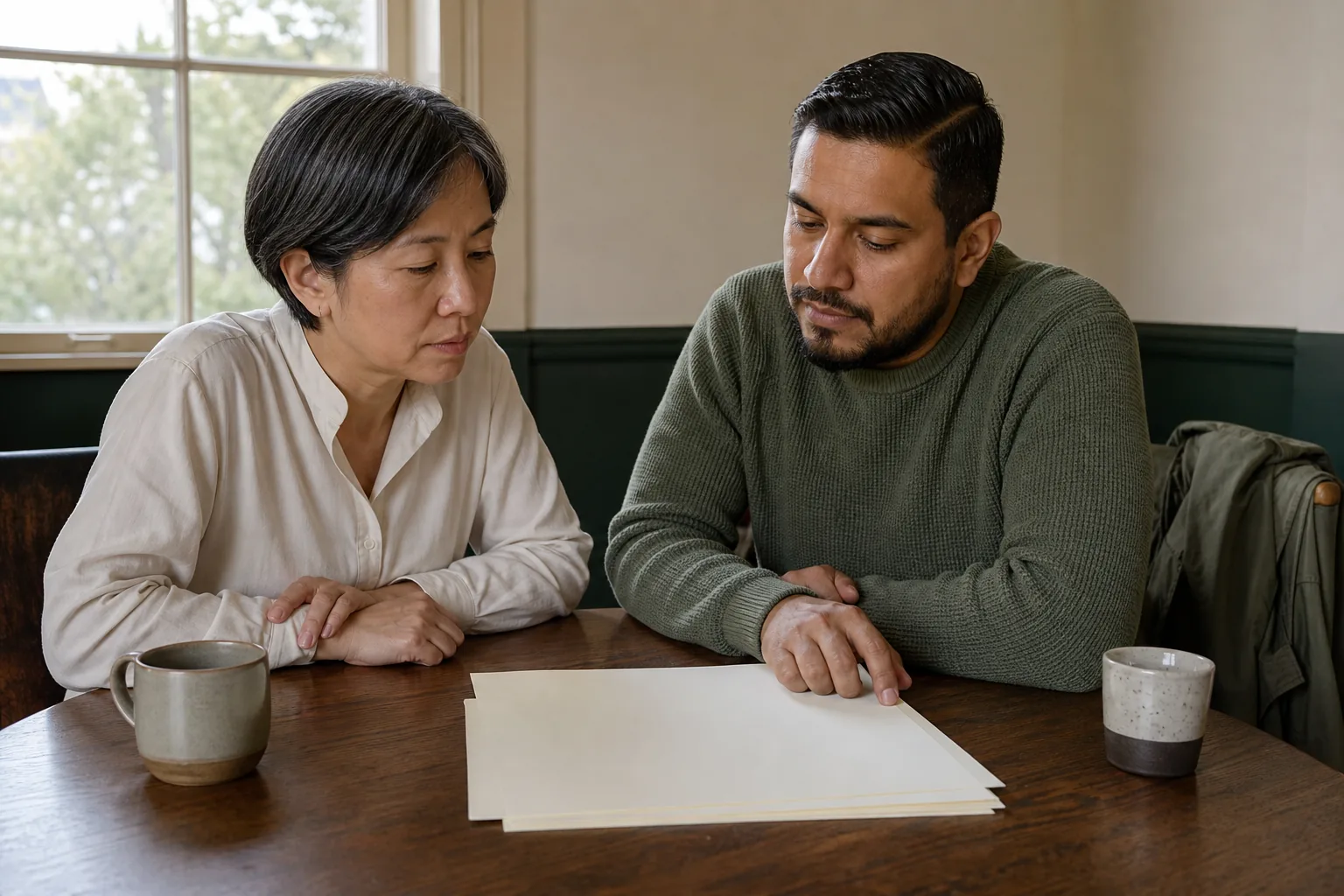 Two consultants at a wooden table comparing printed dock maps and handwritten return notes, coffee cups pushed aside, a folded rain jacket on the chair, window light across paper edges, 1600x1067