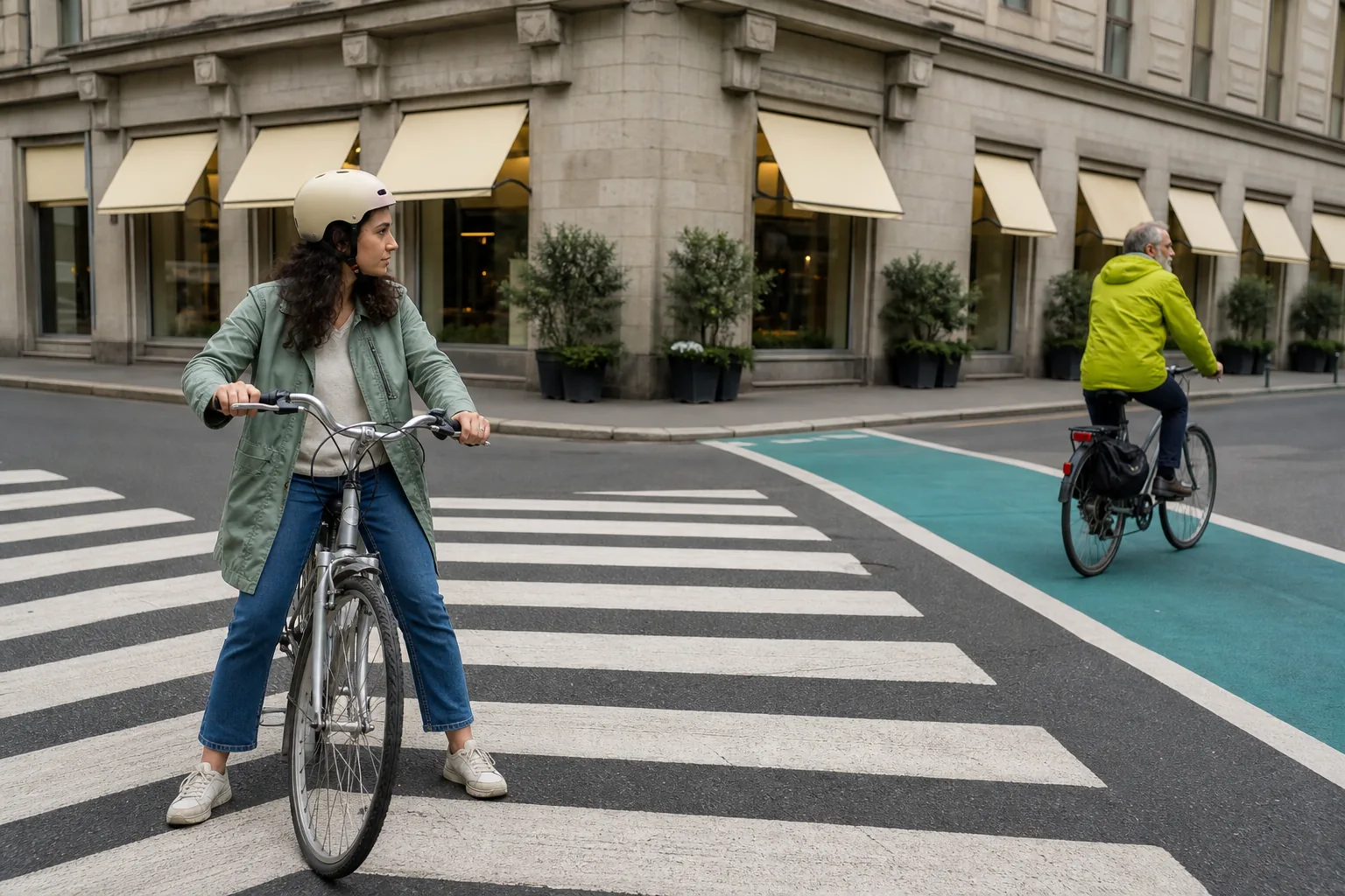 A visitor on a silver city rental bicycle pausing at a painted crossing, both feet on the ground, looking left along a tram-lined street while a local rider in a raincoat continues in the bike lane, pale mid-morning light, shop awnings and a stone facade behind, 1600x1067