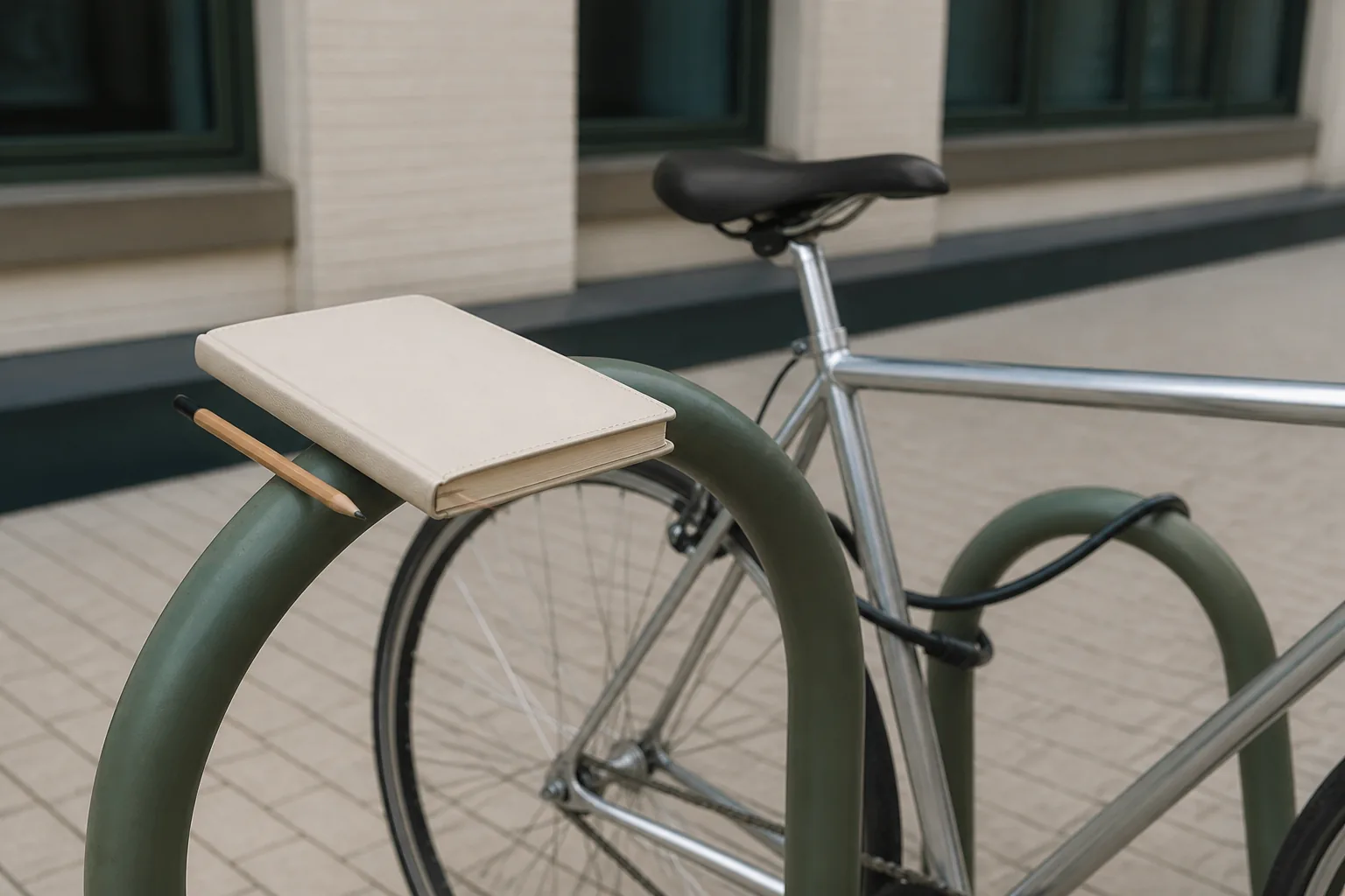 Open field notebook resting on a metal rental bicycle stand, pencil marking a short checklist, silver city bike locked beside it, soft morning light on brick pavement and shop windows across the street, 1920x1080