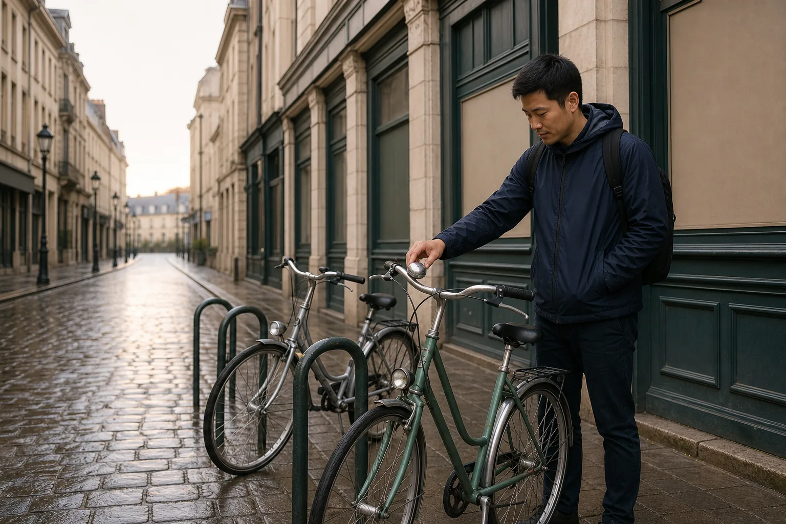 Early morning rental bicycle dock on a quiet city side street, rows of upright city bikes in muted green and silver, wet cobblestones reflecting pale sky, a rider in a dark jacket checking a handlebar bell before leaving the stand, shop shutters still closed across the road, 1920x1080