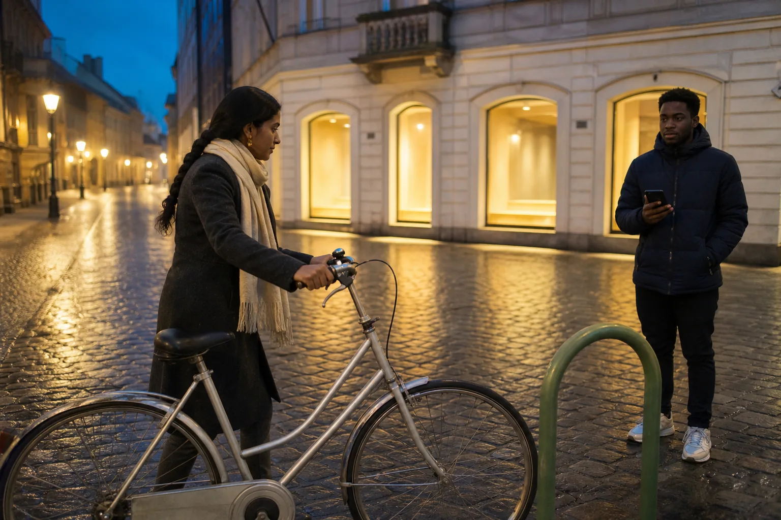 Traveller walking a silver rental bicycle into a city dock at dusk, empty slots glowing under canopy lights, another rider waiting with a phone, wet pavement reflecting shop signs, 1600x1067