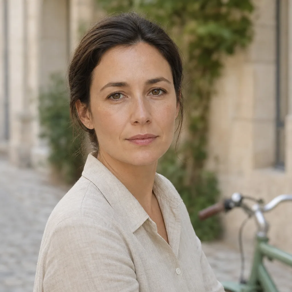 Elena Voss, a woman in her late thirties with dark hair tied back, wearing a linen shirt, standing beside a row of rental bicycles at a city dock in soft daylight, 400x400