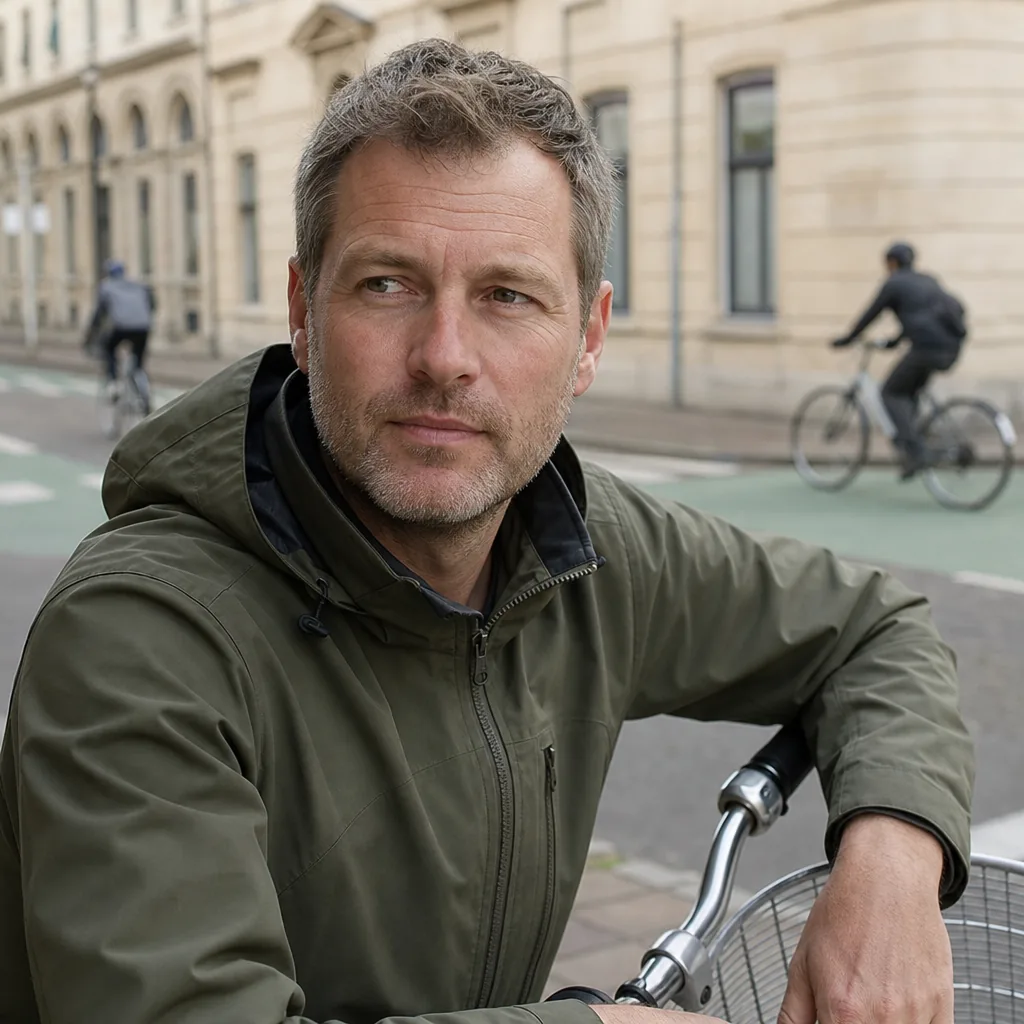 Marcus Hale, a man in his early forties with short greying hair, wearing a weatherproof jacket, pausing with a rental bicycle at a street corner and watching passing riders, 400x400