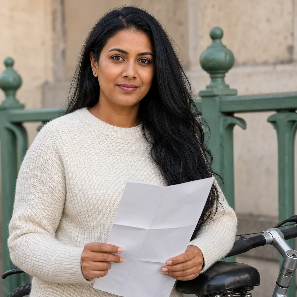 Priya Langford, a woman in her mid-thirties with black hair over one shoulder, wearing a knit jumper, holding a paper street plan beside a locked rental bicycle at a metal stand, 400x400